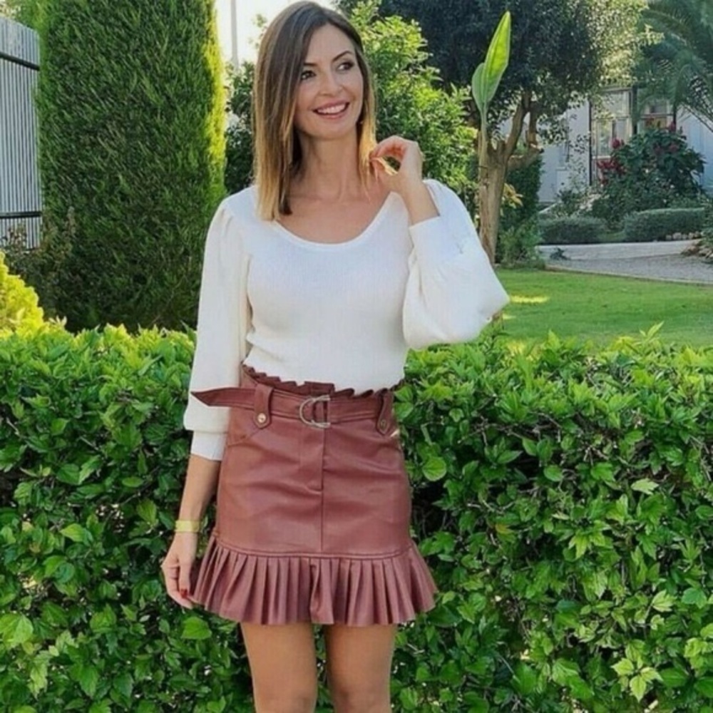 ZARA Faux Leather Pleated Mini Skirt Brown BLOGGER Favorite Pleated Belt S Party